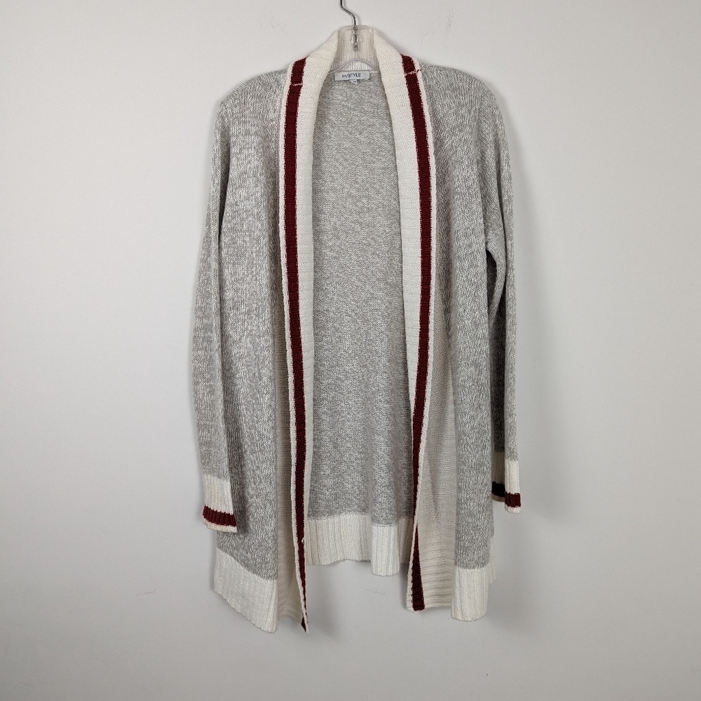 myStyle Open Front Cardigan with Contrast Trim - Light Grey & Maroon, Size M